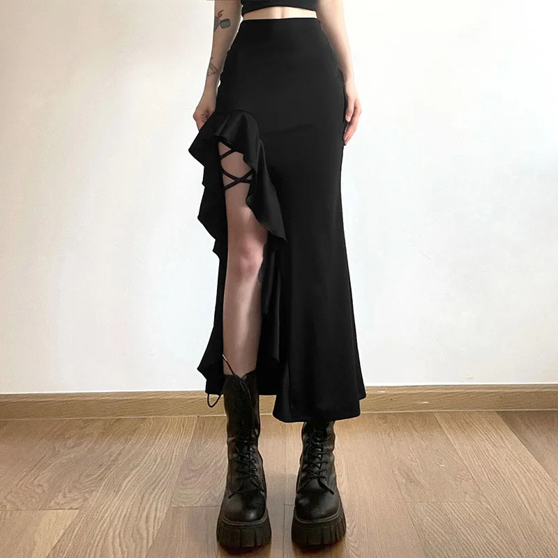 Gothic Black Slim Midi Skirt - Y2K Fashion Punk Ruffles A-Line Streetwear