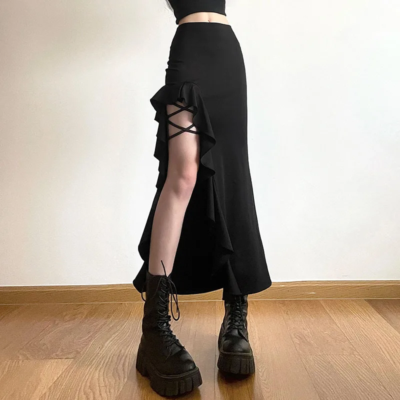 Gothic Black Slim Midi Skirt - Y2K Fashion Punk Ruffles A-Line Streetwear