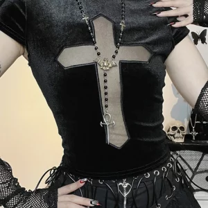 Gothic Cross Sheer Mall Women's T-shirt - Grunge Aesthetic Punk Emo Top