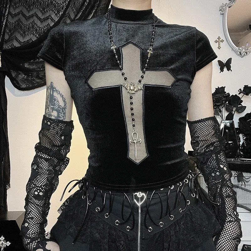 Gothic Cross Sheer Mall Women's T-shirt - Grunge Aesthetic Punk Emo Top