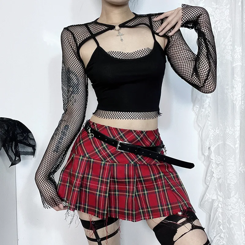 Gothic Dark Fishnet Mall 2-Piece Set: E-girl Techwear Cross Crop Top with Backless Camis