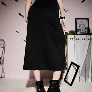 Gothic Dark Grunge Bandage High-Split Midi Skirt - Black Techwear Irregular Eyelet Long Skirt