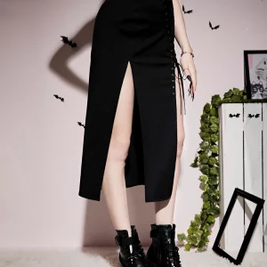 Gothic Dark Grunge Bandage High-Split Midi Skirt - Black Techwear Irregular Eyelet Long Skirt