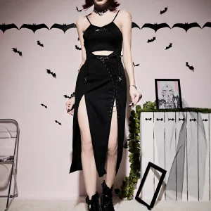 Gothic Dark Grunge Bandage High-Split Midi Skirt - Black Techwear Irregular Eyelet Long Skirt