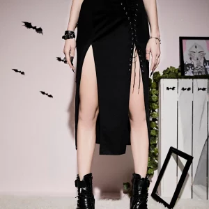 Gothic Dark Grunge Bandage High-Split Midi Skirt - Black Techwear Irregular Eyelet Long Skirt