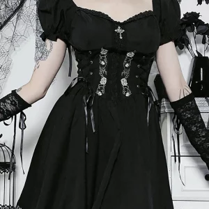 Gothic Dark Lolita A-line Mini Dress - Grunge Style Black Bandage Corset - Emo Embroidery