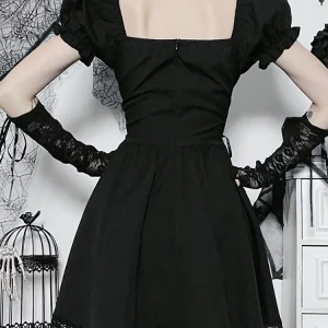 Gothic Dark Lolita A-line Mini Dress - Grunge Style Black Bandage Corset - Emo Embroidery