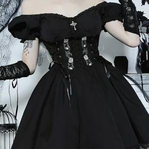 Gothic Dark Lolita A-line Mini Dress - Grunge Style Black Bandage Corset - Emo Embroidery