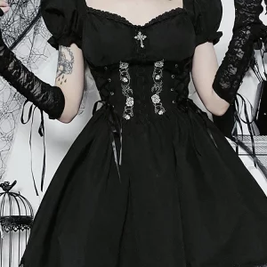 Gothic Dark Lolita A-line Mini Dress - Grunge Style Black Bandage Corset - Emo Embroidery