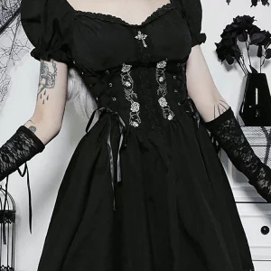 Gothic Dark Lolita A-line Mini Dress - Grunge Style Black Bandage Corset - Emo Embroidery