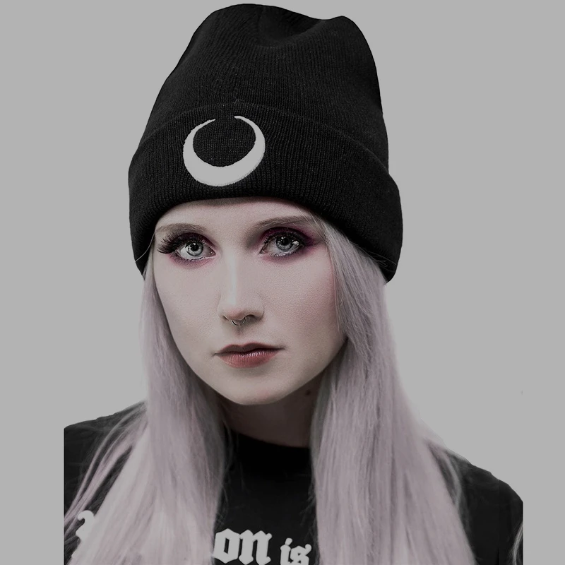 Gothic Dark Punk Black Knitted Moon Graphic Print Beanie