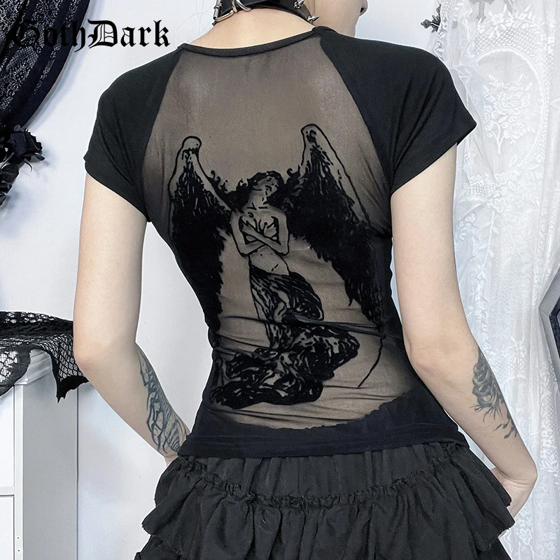 Gothic Dark Sheer Printed T-Shirt Women O-neck Tees Grunge Mesh Streetwear Slim Alt Tops