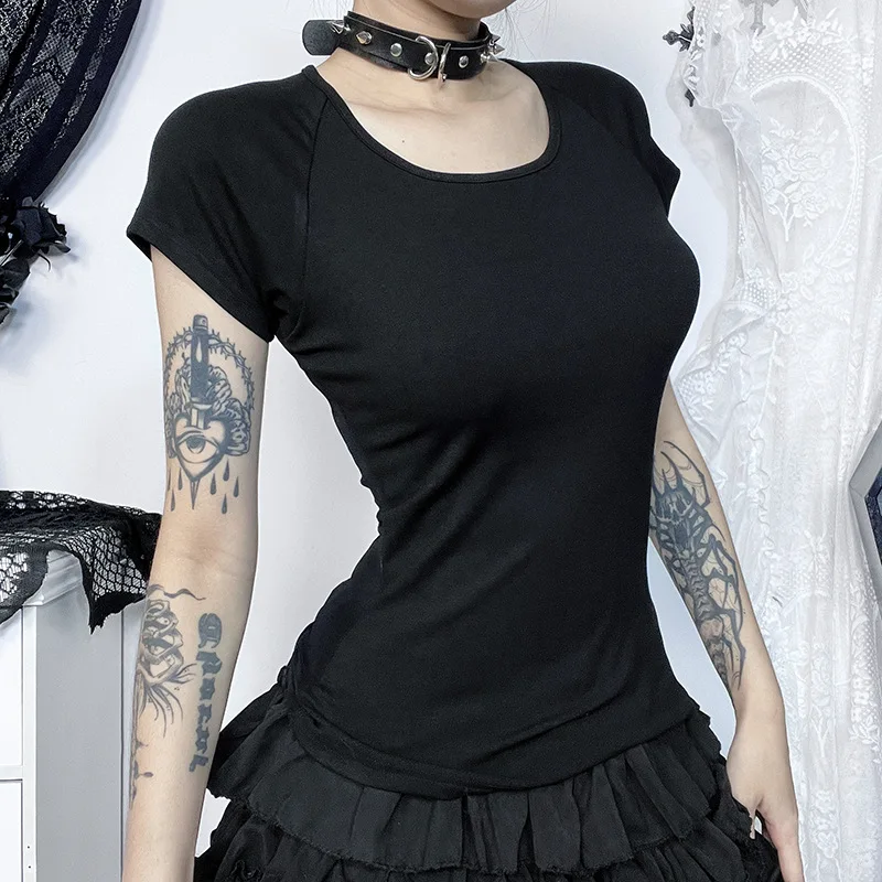 Gothic Dark Sheer Printed T-Shirt Women O-neck Tees Grunge Mesh Streetwear Slim Alt Tops