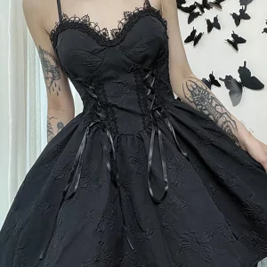 Gothic Dark Tie-Up Mall Elegant Women's Dress - Grunge Aesthetic Jacquard A-Line - Emo Lace Trim