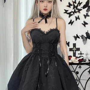 Gothic Dark Tie-Up Mall Elegant Women's Dress - Grunge Aesthetic Jacquard A-Line - Emo Lace Trim