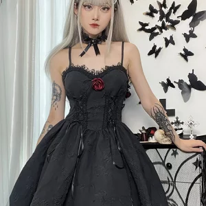 Gothic Dark Tie-Up Mall Elegant Women's Dress - Grunge Aesthetic Jacquard A-Line - Emo Lace Trim