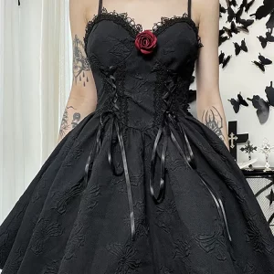 Gothic Dark Tie-Up Mall Elegant Women's Dress - Grunge Aesthetic Jacquard A-Line - Emo Lace Trim