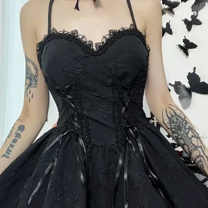 Gothic Dark Tie-Up Mall Elegant Women's Dress - Grunge Aesthetic Jacquard A-Line - Emo Lace Trim