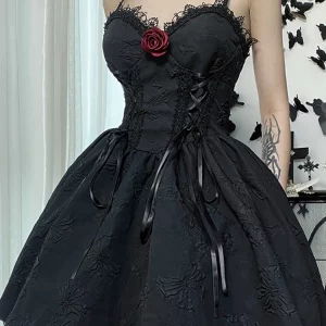 Gothic Dark Tie-Up Mall Elegant Women's Dress - Grunge Aesthetic Jacquard A-Line - Emo Lace Trim