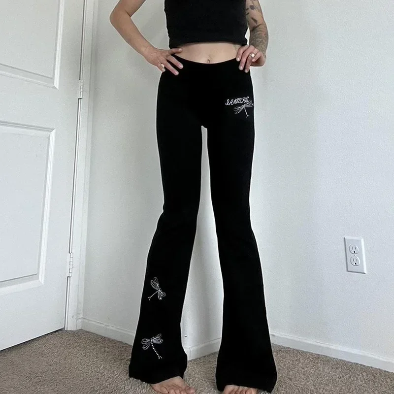 Gothic Dragonfly Embroidery Y2k High Waist Skinny Sweatpants