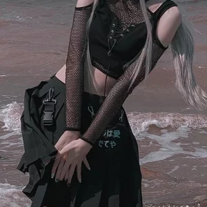 Gothic Fishnet Cut-Out Halter Crop Top - Dark Grunge Punk Style