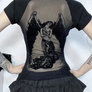 Gothic Flocking Printed Backless T-shirt - Vintage O-Neck Slim Fit Grunge ARt E-girl Top