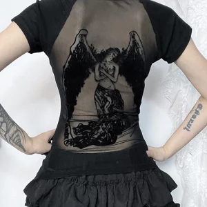 Gothic Flocking Printed Backless T-shirt - Vintage O-Neck Slim Fit Grunge ARt E-girl Top