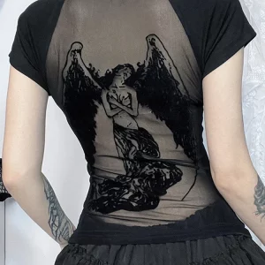 Gothic Flocking Printed Backless T-shirt - Vintage O-Neck Slim Fit Grunge ARt E-girl Top