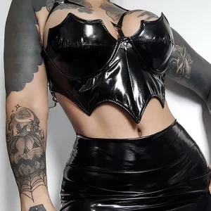 Gothic Grunge Bat Shape Faux Leather Crop Top - Punk Black Backless Camisole for Women