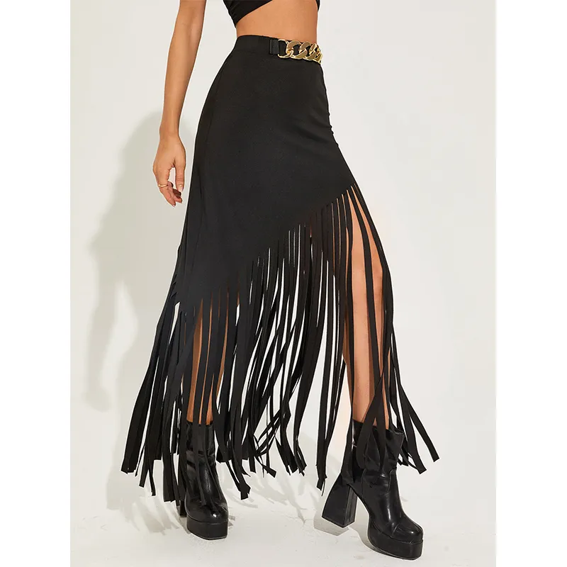 Gothic Grunge Maxi Skirt with Tassel Detail and Ring Belt