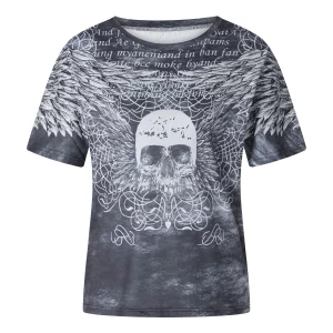 Gothic Grunge Skull Wings Print T-Shirt - Y2K Graphic Tee