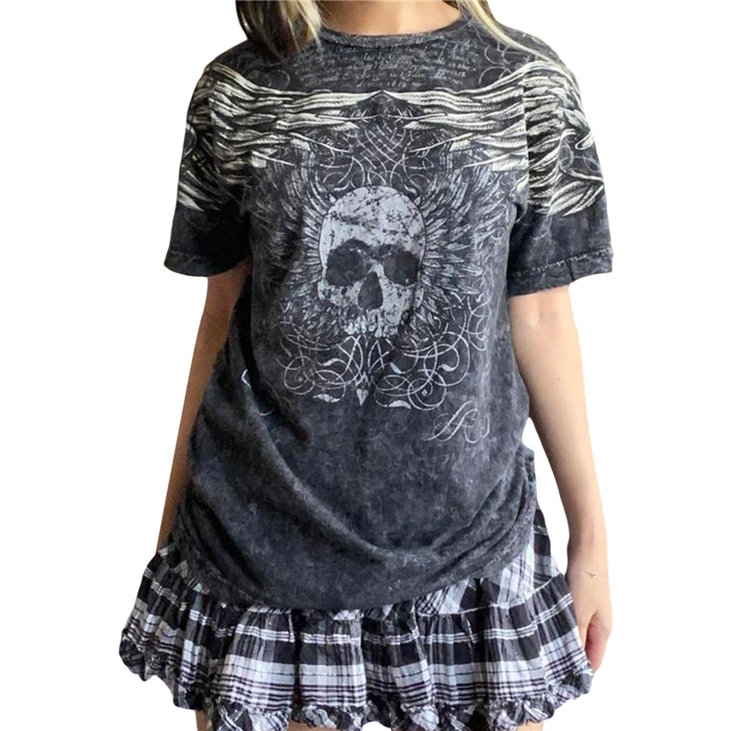 Gothic Grunge Skull Wings Print T-Shirt - Y2K Graphic Tee