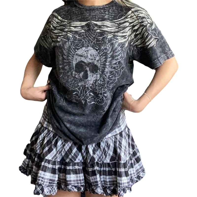 Gothic Grunge Skull Wings Print T-Shirt - Y2K Graphic Tee