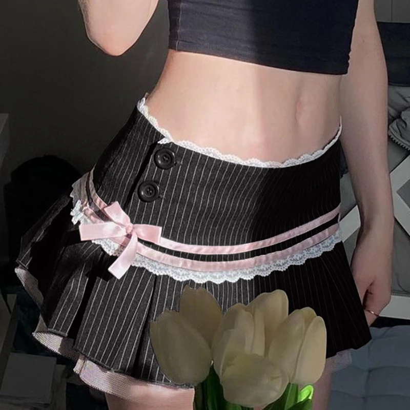 Gothic Harajuku Y2k Lace Trim Mini Skirt - Cutecore Bow Striped Pleated Bottoms