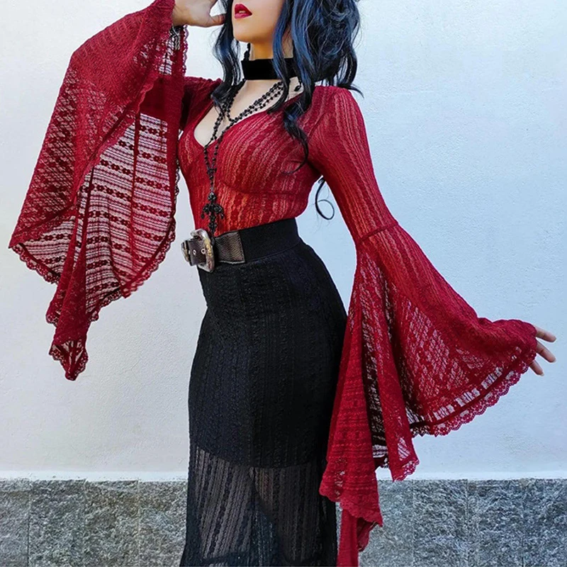 Gothic Lace See-Through Bodysuit: Dark Aesthetic Flare Sleeve Grunge Punk Top