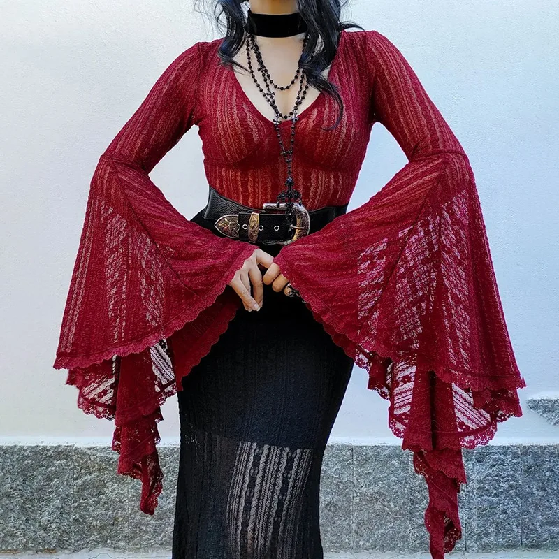 Gothic Lace See-Through Bodysuit: Dark Aesthetic Flare Sleeve Grunge Punk Top