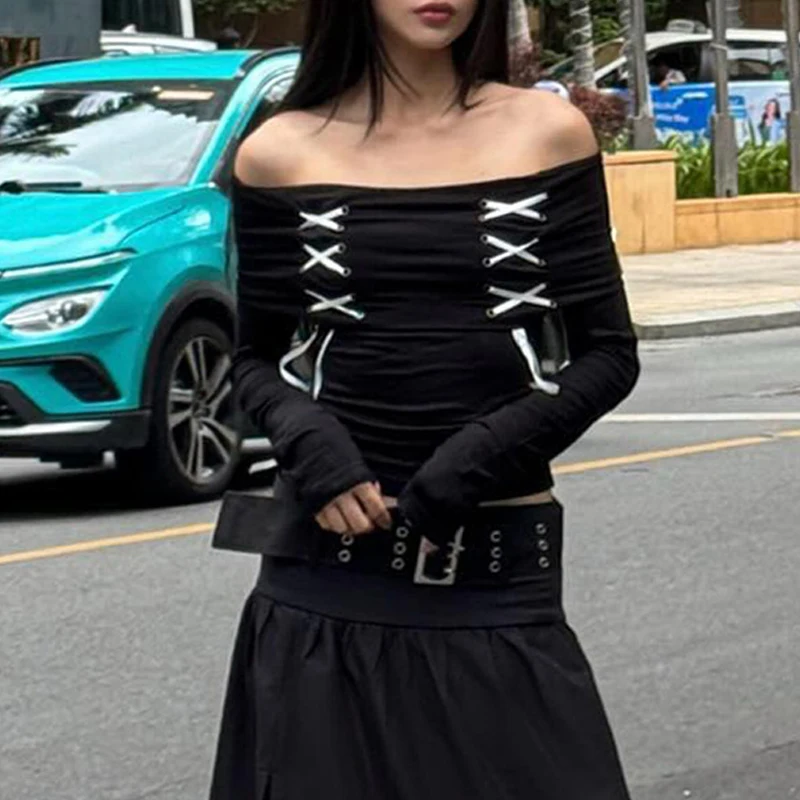 Gothic Lace-Up Y2K Off-Shoulder Crop Top - Harajuku Streetwear