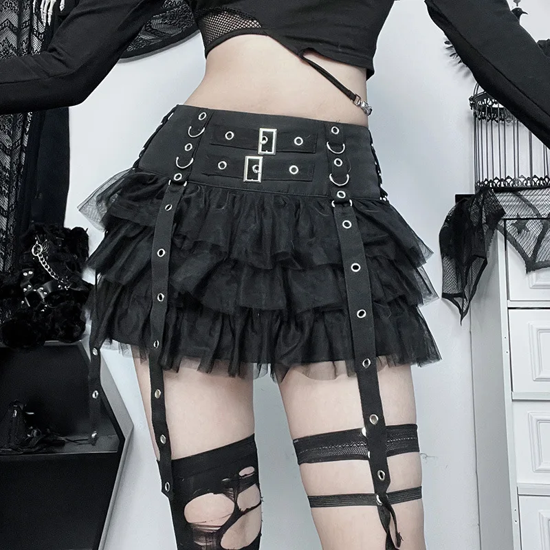 Gothic Mesh Splice Mini Skirt - Dark Ruffles Grunge Aesthetic Harajuku Punk Alt Bottoms