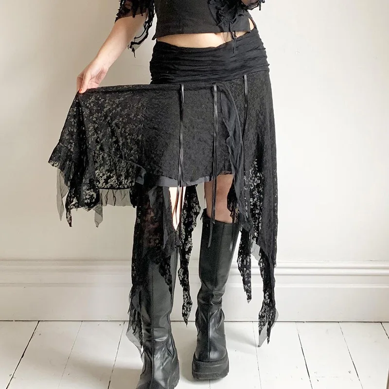 Gothic Patchwork Lace Asymmetrical Skirt - Dark High Waisted Ruffles A-Line Midi - Y2K