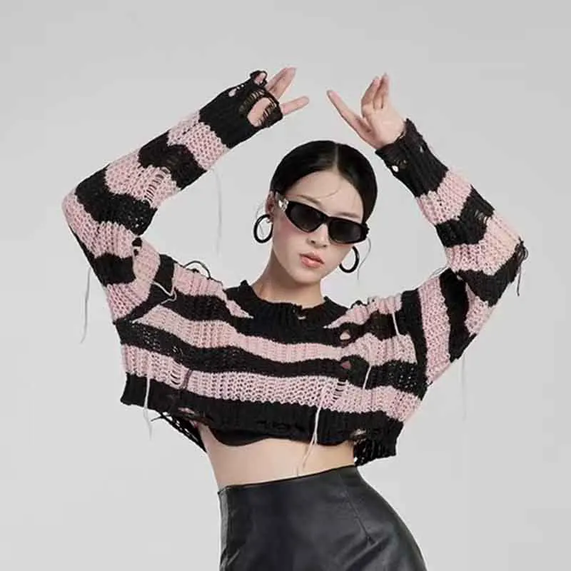 Gothic Pink Striped Knit Crop Sweater - Y2K Fashion Ripped Holes Tassel Pullover