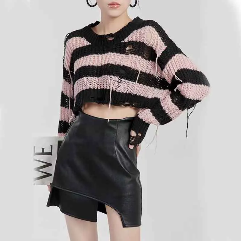 Gothic Pink Striped Knit Crop Sweater - Y2K Fashion Ripped Holes Tassel Pullover