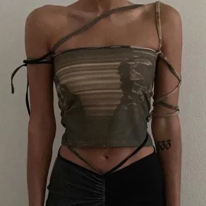 Gothic Punk Lace-Up Camisole: Grunge Off-Shoulder Crop Top