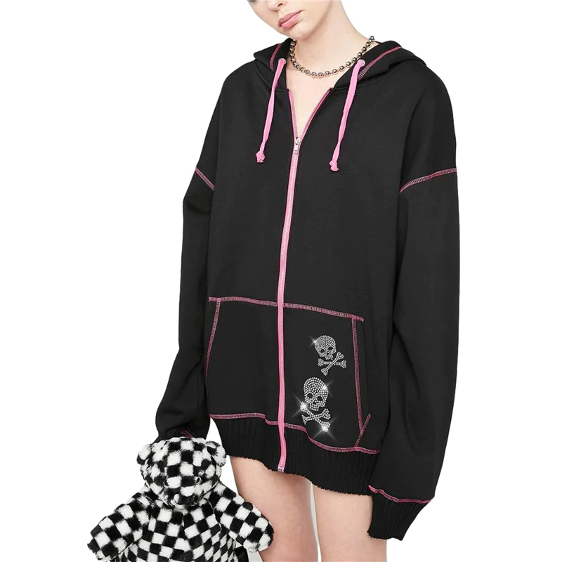 Gothic Punk Skeleton Print Sweatshirt with Pockets - Cyber Y2K Zip-Up Hoodie