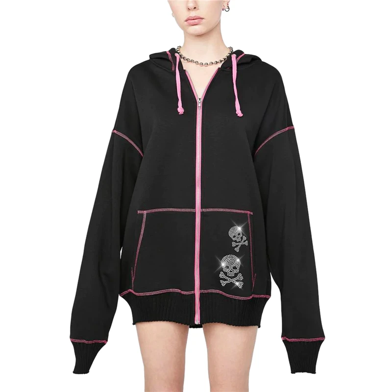 Gothic Punk Skeleton Print Sweatshirt with Pockets - Cyber Y2K Zip-Up Hoodie