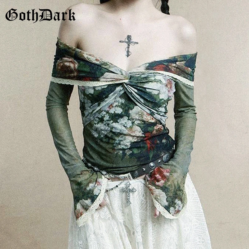 Gothic Retro Floral Print Slash Neck Crop Top - Y2K Grunge Flare Sleeve T-shirt