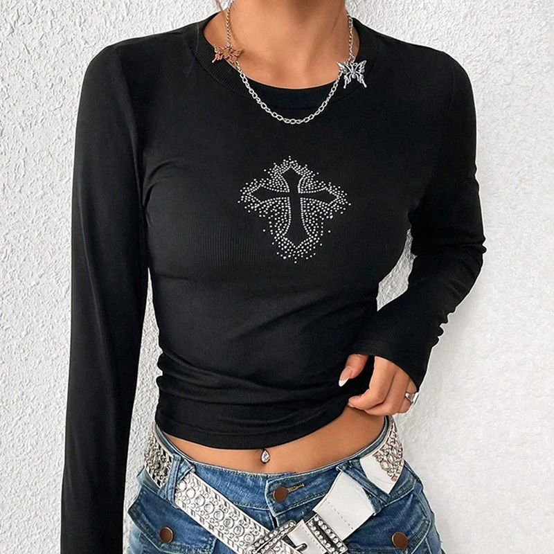 Gothic Rhinestone Mall Y2K Punk Crop Top - Dark Cyber Grunge Fashion