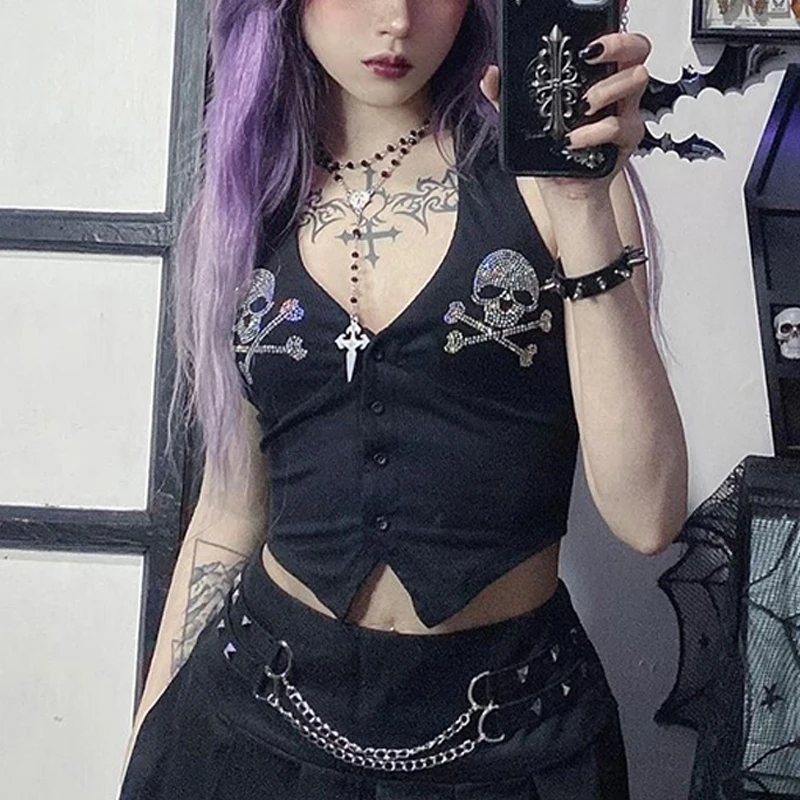 Gothic Rhinestone Skull Halter Top - Grunge Aesthetic Crop Shirt