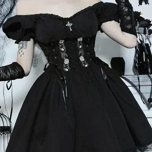 Gothic Sexy Black V Neck Lace Up Dress - Y2K Aesthetic Grunge Punk High Waist Corset Party Dress