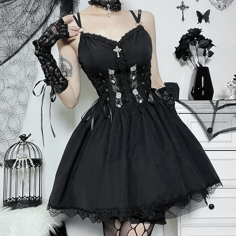 Gothic Sexy Black V Neck Lace Up Dress - Y2K Aesthetic Grunge Punk High Waist Corset Party Dress