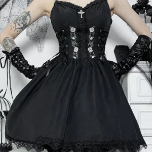 Gothic Sexy Black V Neck Lace Up Dress - Y2K Aesthetic Grunge Punk High Waist Corset Party Dress